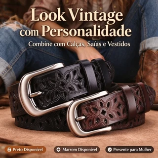 Cinto Feminino Fino Couro Sintético Fivela Metálica Recorte Floral Preto e Marrom