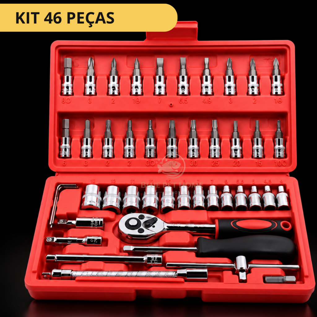 Kit Ferramentas 46 Peças Catraca Soquetes Bits Maleta Aço CrV