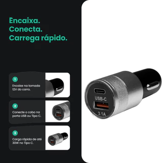 Carregador Veicular Para Carro com 2 Portas USB-A e USB-C Com Carga Rápida Brave Life 15W