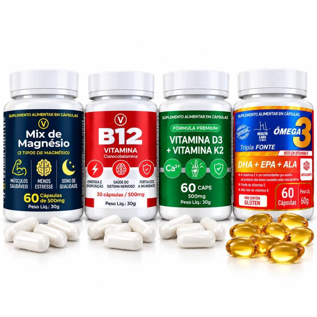 Kit Vitaminas e Minerais B12 D3 K2 Magnésio e Ômega 3 em Gel Imunidade Energia Ossos