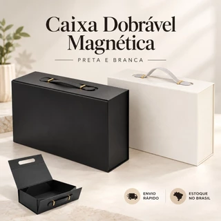 Caixa para Presente Rígida Dobrável com Fecho Magnético e Alça 33x18,2x8cm Preta ou Branca