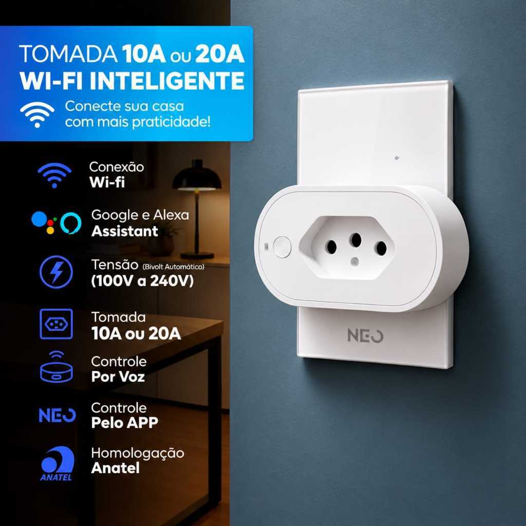 Kit 1 ou 5 Tomada Inteligente Wi-Fi 20A Bivolt 110V 220V Alexa Google Home 2.4GHz Neo Avant