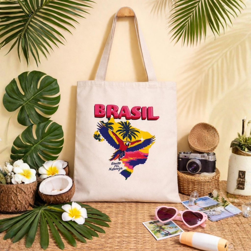 Bolsa Ecobag Com e Sem Ziper Verão Praia Mapa Brasil Arara Algodão Cru ...