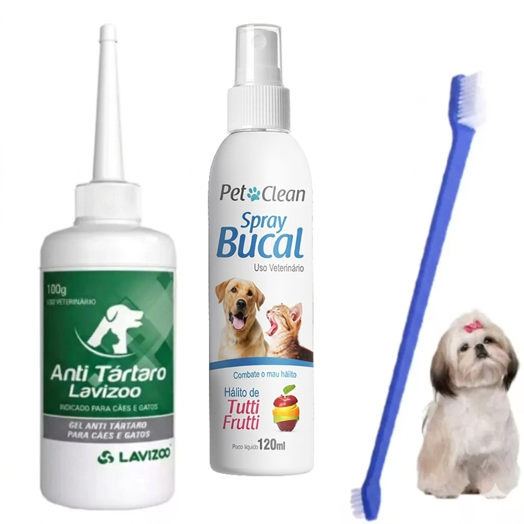 Kit Removedor De Tártaro Cachorro Gel P/ Cães Spray Bucal E Escova Cabo ...