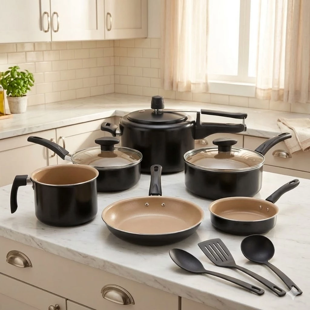 jogo de panelas em uso na cozinha
