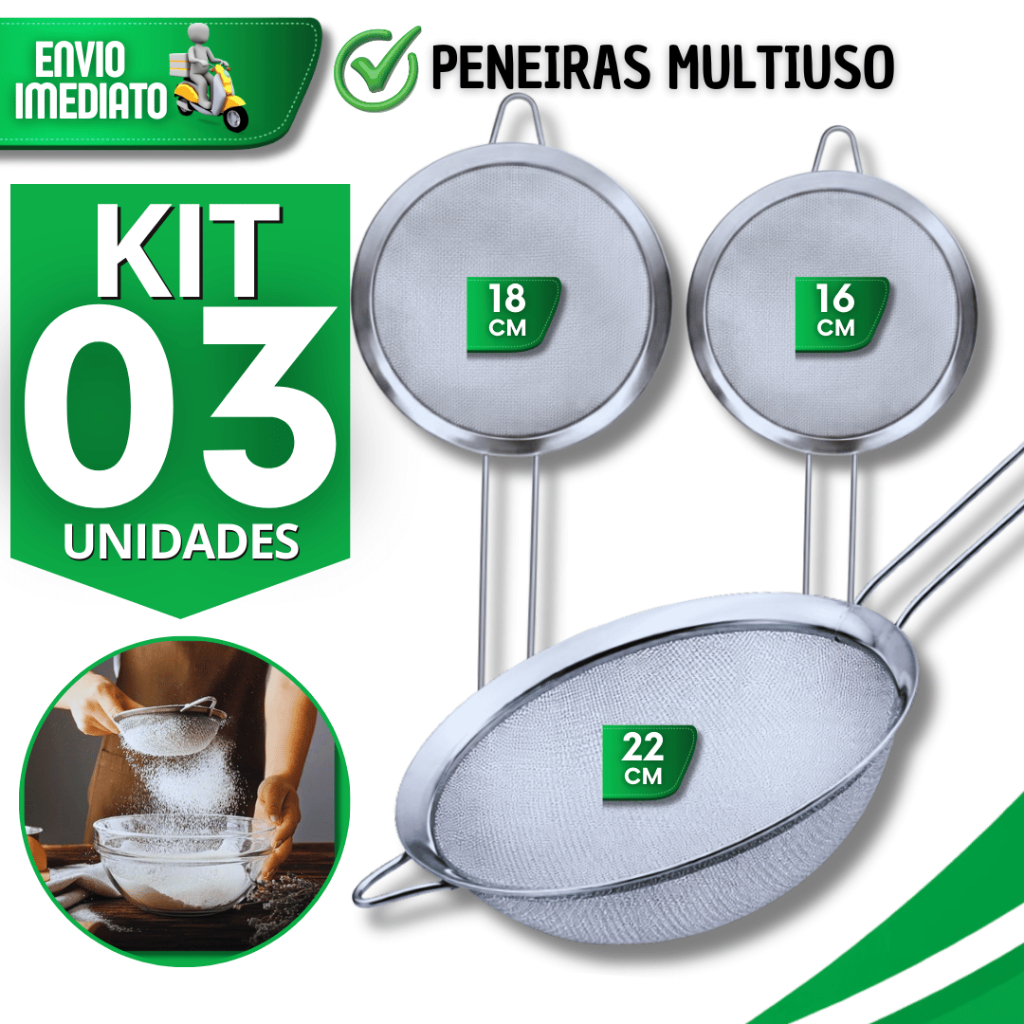 Combo Peneiras Aço Inox Coador Farinha Suco Confeitaria 22/1
