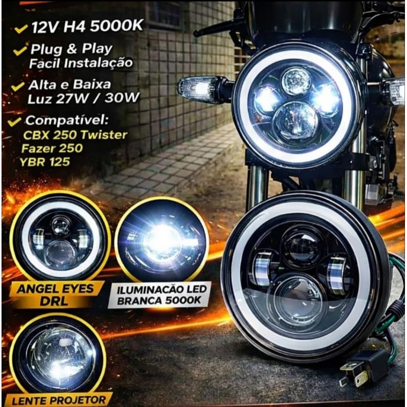 Farol 7 polegadas DRL Angel Eyes H4 Moto Yamaha, Harley Davison