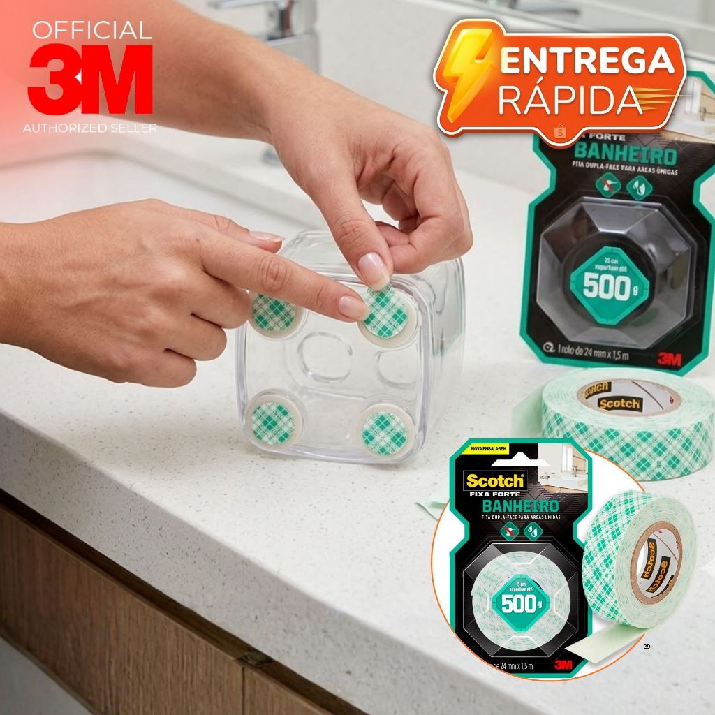 FITA DUPLA FACE 3M ORIGINAL SCOTH FIXA FORTE BANHEIRO 24MM X 1.5M