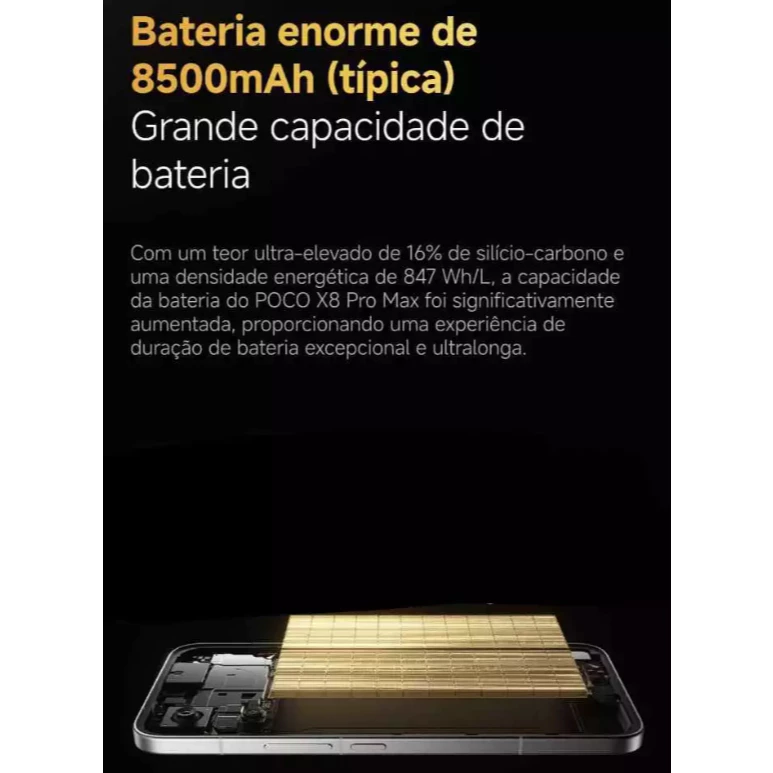 Diagrama interno mostrando a bateria de 8500mAh do Poco X8 Pro Max
