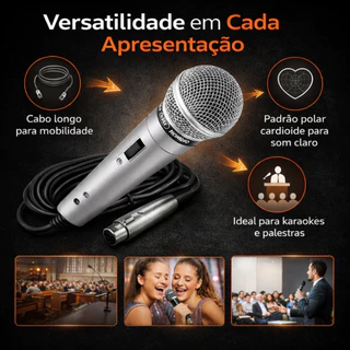Microfone Dinâmico Profissional Em Metal Com Cabo 2.5 Metros P10 Para Igreja Karaoke Palestras Eventos Som Potente