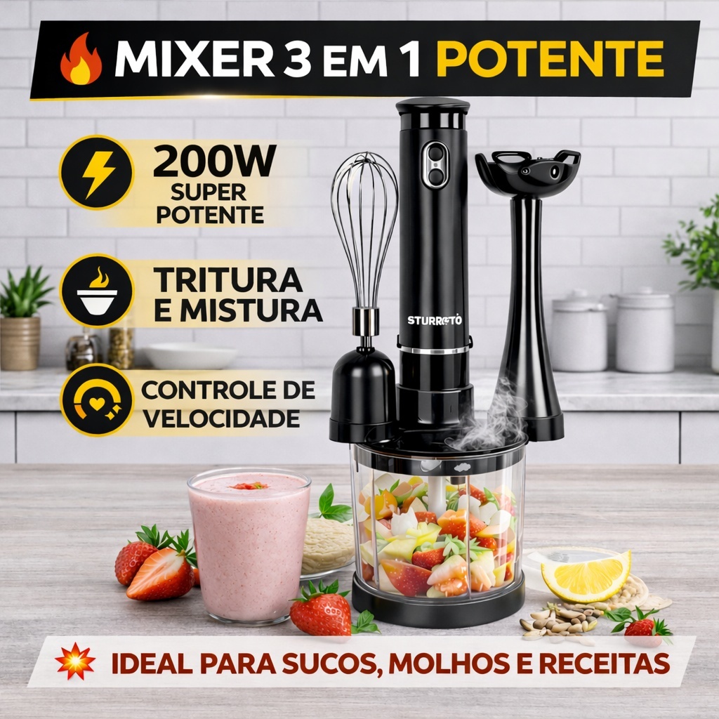Mixer 3 em 1 Potente 200W Triturador Batedor Processador Elétrico ...