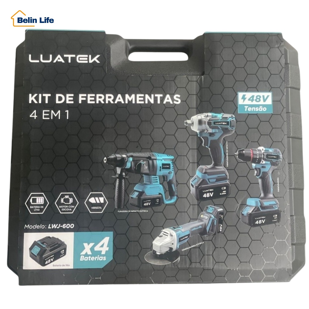 Kit 4 em 1 Luatek 48V Sem Fio 4 Baterias Parafusadeira