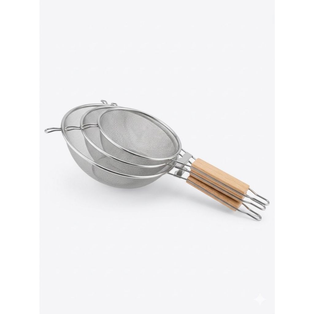Jogo 3 Peneiras Inox Cozinha Reforçada Cabo Madeira Arroz Fe