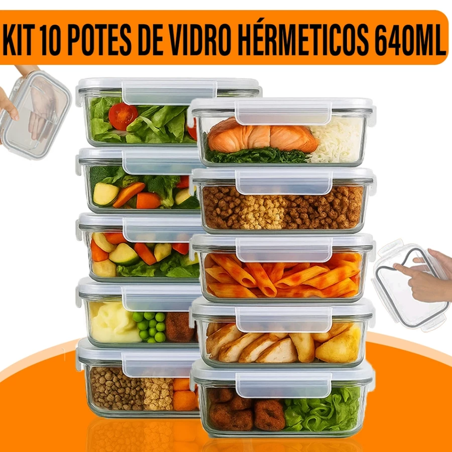 Kit Potes 640ml Marmita Vidro Yab Hermético Tampa Vedada Alimentos Freezer Borossilicato 2/3/5/10 pc