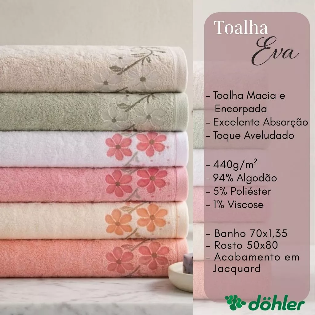 Jogo de Toalha 4 Peças Dohler de Algodão Felpuda Macia Excelente Absorção Banho e Rosto Eva