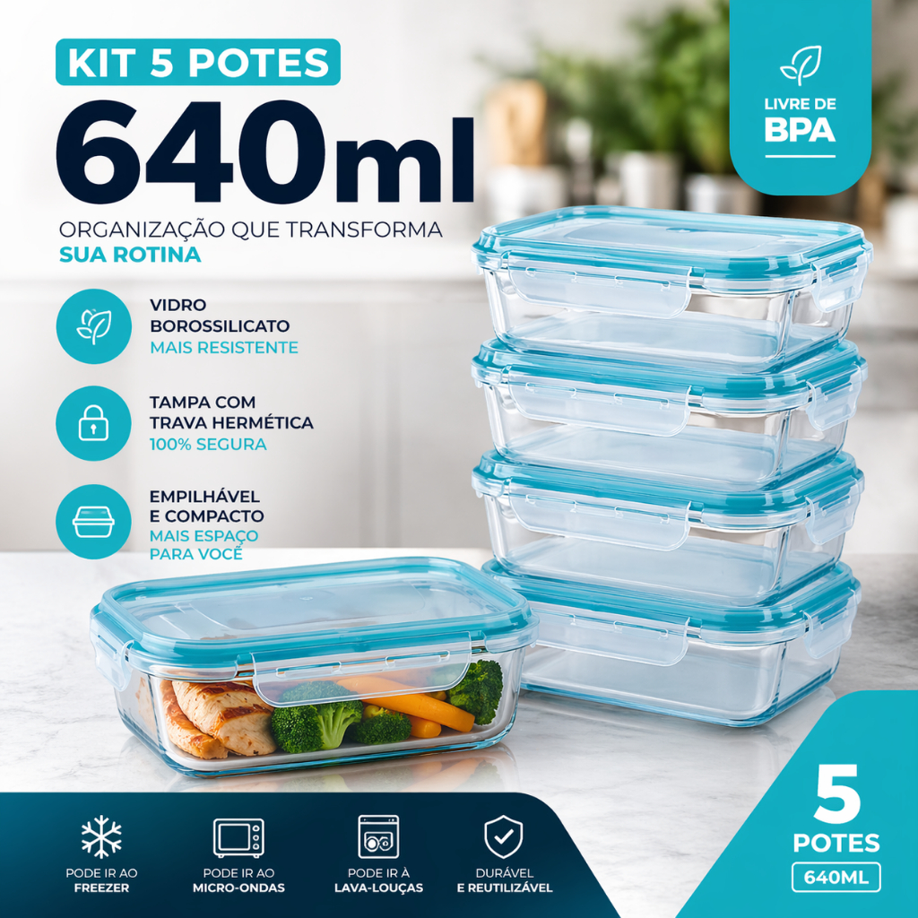 Kit 5 Potes 640ml Vidro Hermético Marmita Mantimentos Tampa