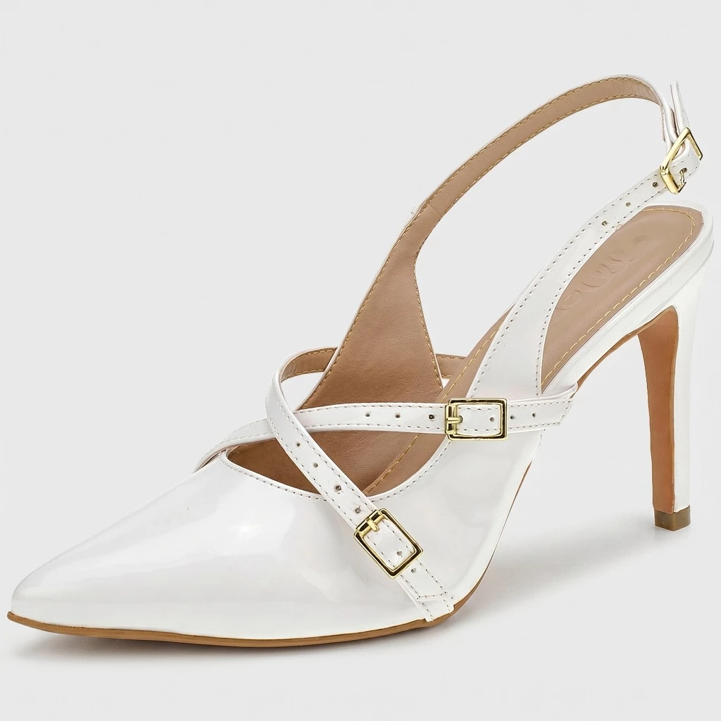 Scarpin Feminino Bico Fino Salto Fino Stiletto Slingback Shekinah Tiras Fivela