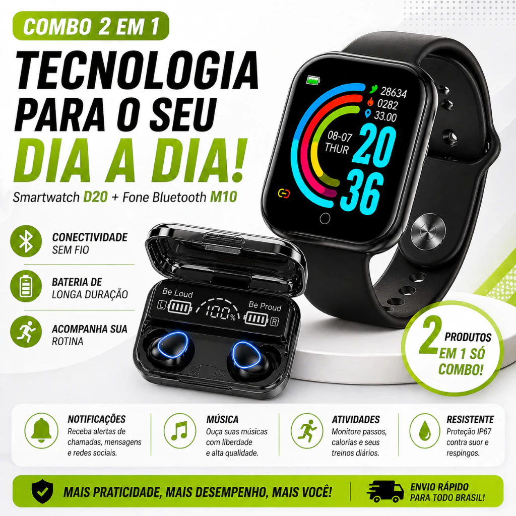Smartwatch D20 + Fone Bluetooth M10 Sem Fio Display Powerbank Relógio Inteligente