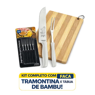 Kit Tábua + Faca + Garfo + Petisco Churrasco Cozinha bambu