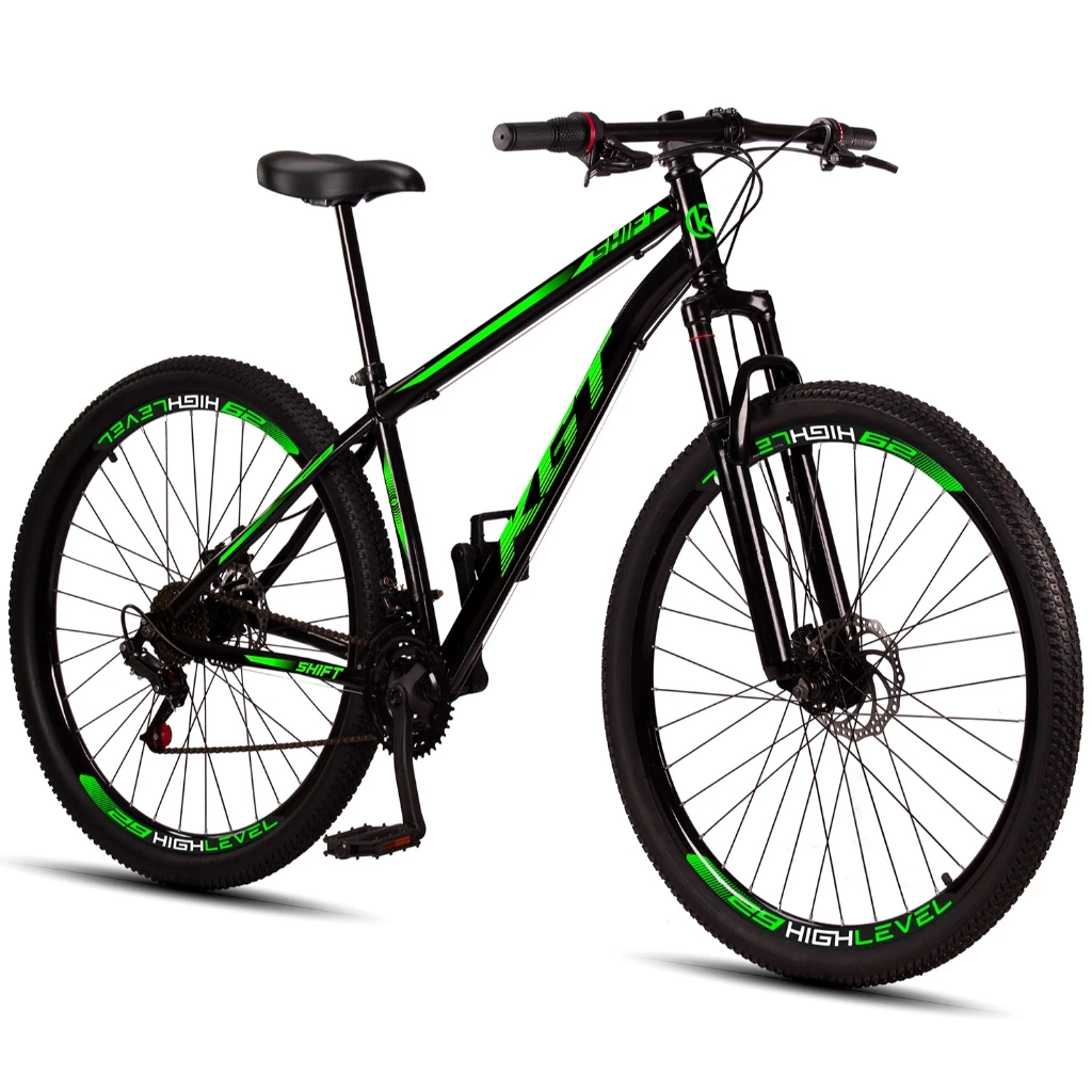 Bicicleta MTB KGT com aro 29 em vista frontal, quadro preto e verde, suspensão dianteira e rodas com pneus para trilha
