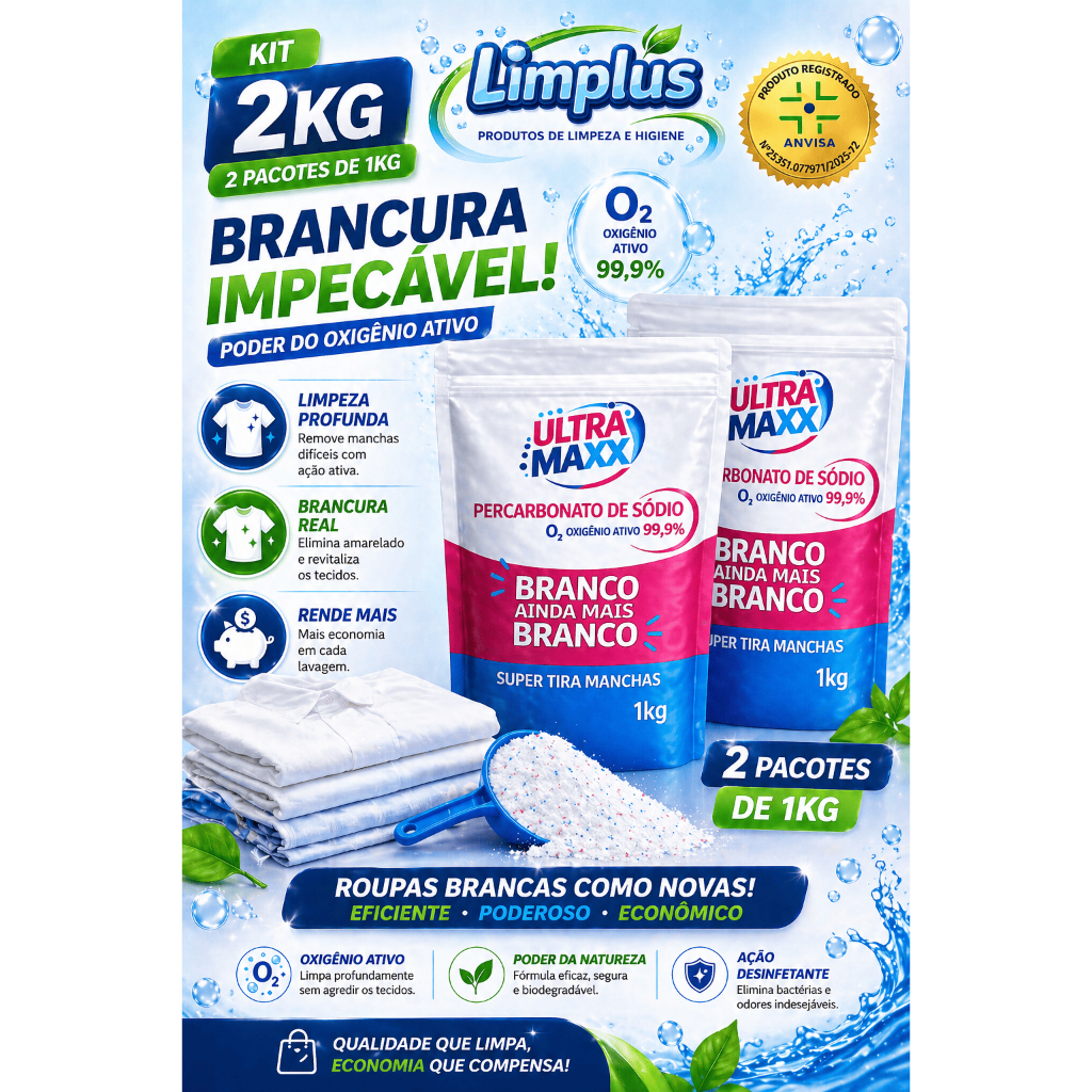 KIT 2KG PERCARBONATO PÓ ALVEJANTE TIRA MANCHAS
