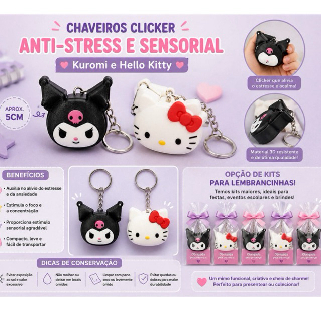 Chaveiro Kuromi / Hello Kitty Anime Clicker Anti Stress My Melody ...
