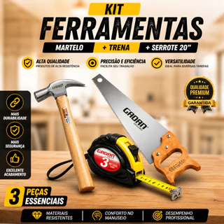 Kit Jogo Ferramenta Martelo Unha Serrote Trena 3 Metros Marcenaria Pedreiro Profissional Resistente
