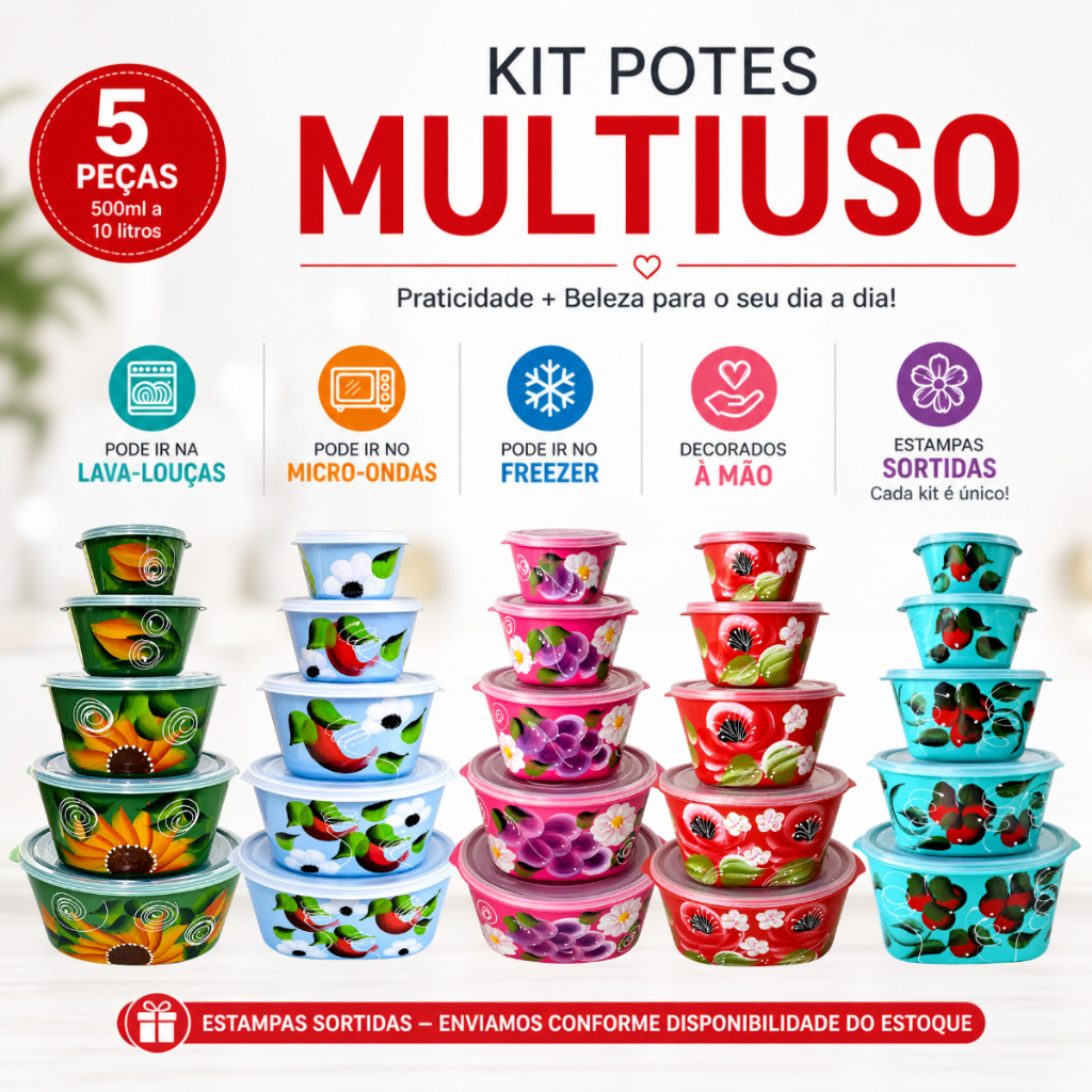 Kit 5 Recipientes Multiuso Decorados à Mão Analeni Para Alimentos Utensílios Cozinha