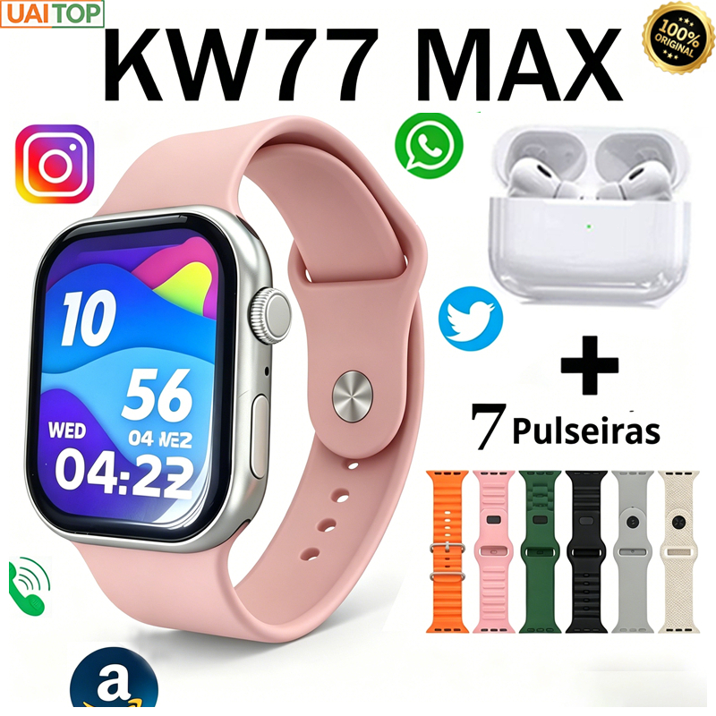 Smartwatch KW77 Max + Fone Notificações WhatsApp e 7 Pulseira Papel de parede personalizado para presente de aniversário