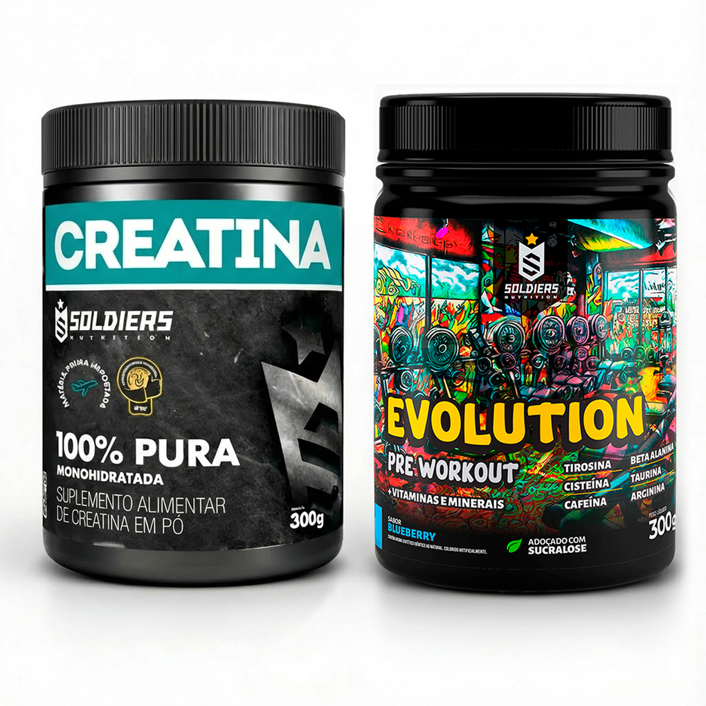Kit Creatina Monohidratada + Pré Treino Evolution 300g Aminoácidos Essenciais - Soldiers Nutrition
