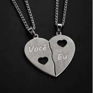 Colar Corrente Metadinha Coração Dia dos Namorados Você/Eu Em Aço Inox