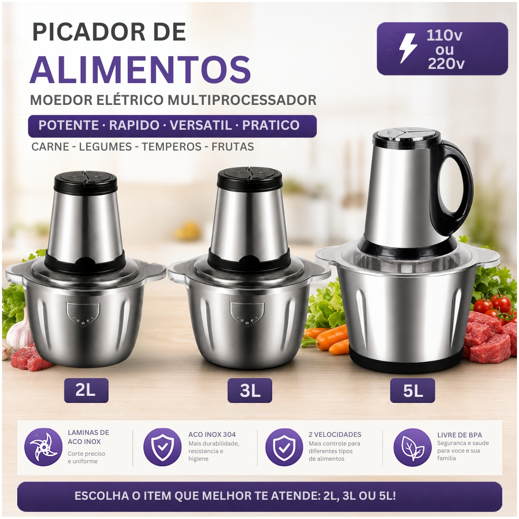 Picador De Alimentos Elétrico 2L 3L 5L Inox Multiprocessador
