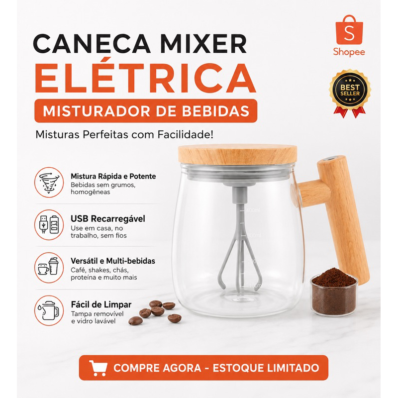 Caneca Elétrica Mixer USB Recarregável 400 ml