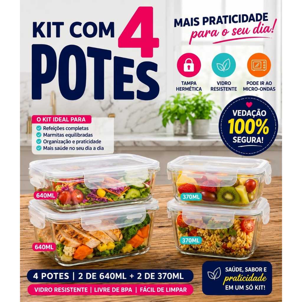 Pote de vidro com tampa hermética kit com 2x 640ml mais 2x 370ml