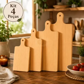 Kit 4 Tábuas de Madeira Pinus Premium para Cozinha Churrasco e Frios Cantos Quadrados, Acabamento Liso e Alta Resistê