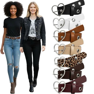 Cintos Femininos Fivela Coração Prata Carreira De Ilhós 45 Punk Rock Elegante Couro Sintético PU - Jaque