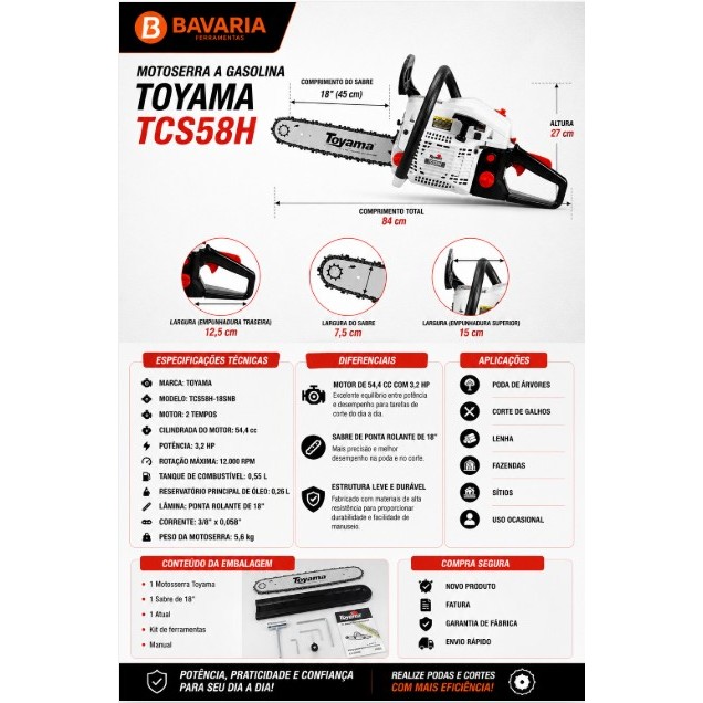 Motosserra Toyama TCS58H 54,4cc 3,2HP Sabre 18 Gasolina | Shopee