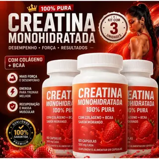 Kit 3 Creatina Feminina com Colágeno e BCAA - Sabor Morango - Ganho de Glúteos, Massa Muscular e Definição