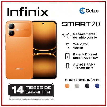 Smartphone Infinix Smart 20 128 GB 4 GB Bateria 5200 mAh Redução de Ruído por Voz Laranja Solar