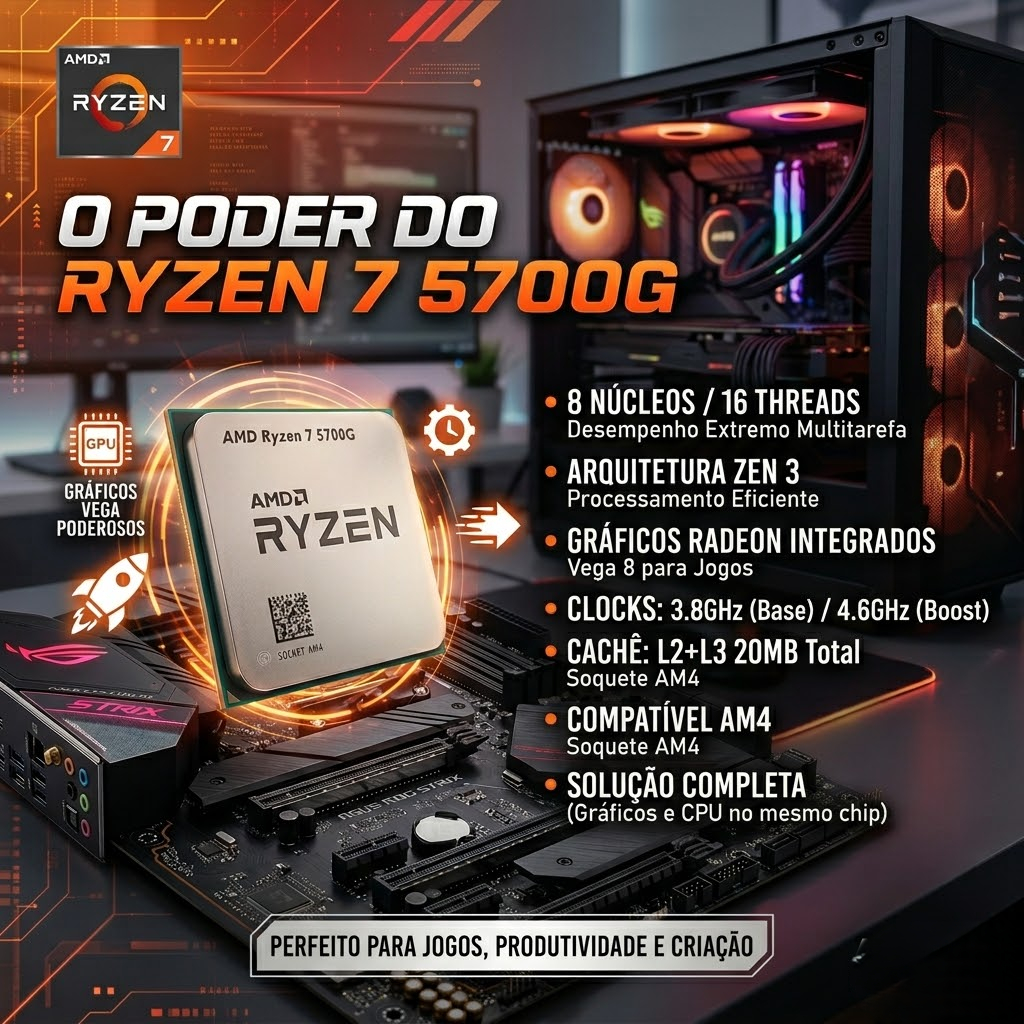 Kit Upgrade PC Gamer AMD Ryzen 7 5700G RAM 32GB DDR4 Placa Mãe