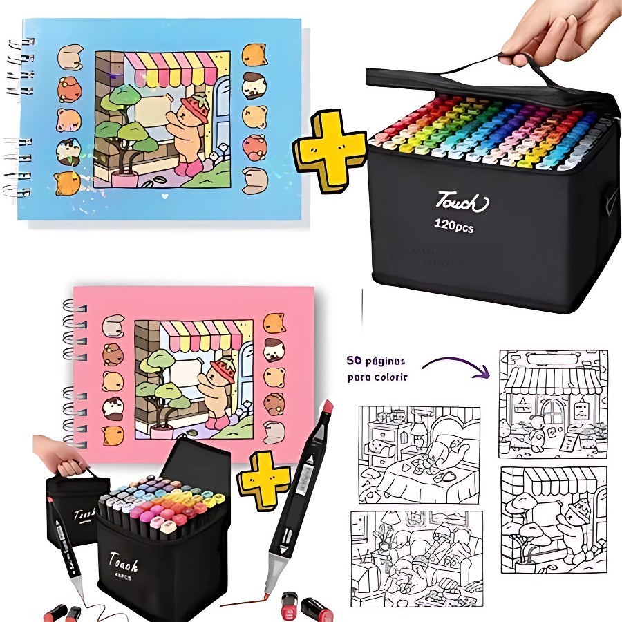Kit Livro De Colorir Capa Dura 50 Páginas + 24/36/60/80/100/120 Cores Caneta Marcadora Com Ponta Dupla