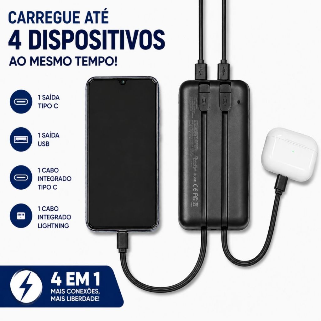 Power Bank 20000mAh Carregador Portátil 22,5W Turbo Display LED Tipo C Lightning iPhone Android