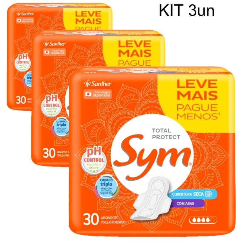 Kit 3 Absorvente SYM cobertura seca com Abas 30 unidades
