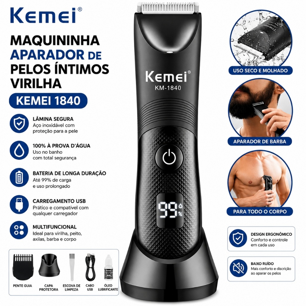 Maquininha Aparador Pelos Íntimos Kemei 1845 Ou 1838 Virilha Barba Corpo IPX7