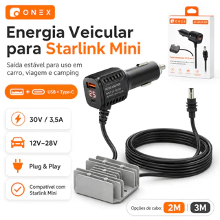 Carregador Veicular Starlink Mini 30V 3,5A Adaptador para Carro 12V-28V USB Type-C Cabo 2M/3M