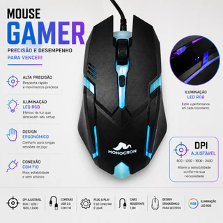 Mouse Gamer Monocron 2400 DPI LED Rainbow, 4 Botões e USB