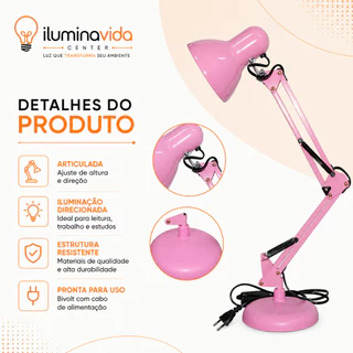 Luminária de Mesa Articulada Flexível Abajur Escritório Estudo Bivolt com Interruptor (Sem Lâmpada)