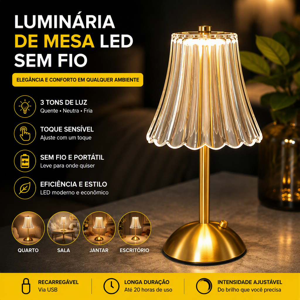 Luminária Abajur de Cabeceira LED Recarregável Touch Cúpula de Cristal Dourado Elegante Quarto Decoração Sala Luxo Fofa