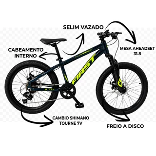 Bicicleta Aro 20 Infantil Bike de Alumínio Leve Resistente Shimano 7v Freios a Disco Suspensão Aço