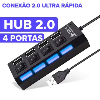 Hub USB 2.0 4 Portas com LED Azul e Plug & Play